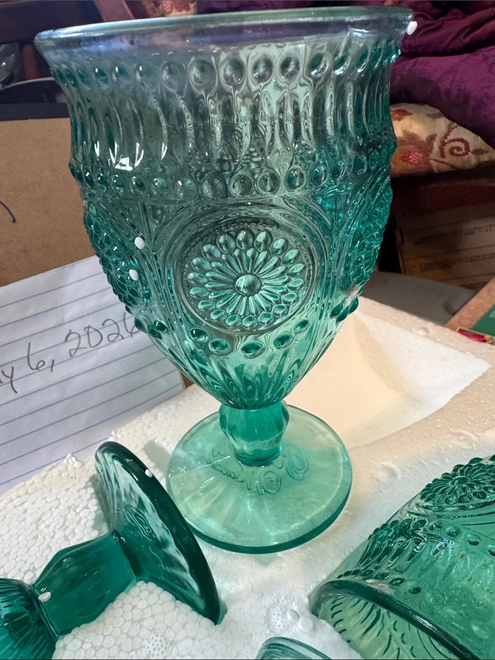 Adeline Set of Four 12 oz Teal Pressed Glass Goblets pioneer woman NIB